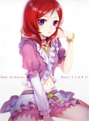 Rule 34 | 10s, 1girl, alternate costume, character name, dress, etsuo, frills, highres, looking at viewer, love live!, love live! school idol project, midriff, miniskirt, music s.t.a.r.t!!, navel, nishikino maki, pink dress, pink skirt, puffy short sleeves, puffy sleeves, purple eyes, red hair, short hair, short sleeves, sitting, skirt, solo, song name