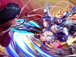 Rule 34 | 2girls, action taimanin, armor, aura, axe, battle axe, bikini armor, blue hair, bodysuit, boots, breasts, corruption, dress, empty eyes, fighting, full armor, game cg, gauntlets, hime cut, holding, holding weapon, igawa asagi, lilith-soft, long hair, looking at viewer, mechanical wings, missile, multiple girls, official art, red eyes, revealing clothes, shiny skin, sky, taimanin (series), taimanin asagi, weapon, wide hips, wings, yatsu murasaki