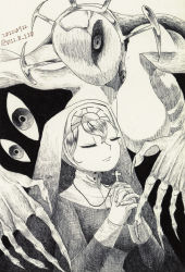 Rule 34 | 011 8 110, 1girl, black background, claws, closed eyes, cross, cross necklace, crown, double (skullgirls), extra eyes, fingernails, greyscale, habit, highres, jewelry, long fingernails, monochrome, monster, monster girl, necklace, nun, skullgirls, solo, traditional media