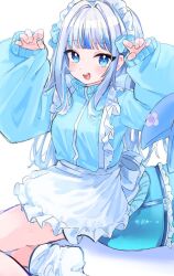 Rule 34 | 1girl, apron, bandaid on tail, blue eyes, blue hair, blue jacket, blue sleeves, claw pose, commentary request, fins, fish tail, frilled jacket, frills, gao, gawr gura, haro (1026 86), hololive, hololive english, jacket, light blue hair, light blush, long hair, long sleeves, looking at viewer, loose socks, maid apron, maid headdress, multicolored hair, open mouth, puffy long sleeves, puffy sleeves, shark tail, sitting, socks, solo, tail, turtleneck, virtual youtuber, white apron, white background, white hair, white socks