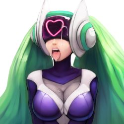 Rule 34 | 1girl, 34no404, alternate costume, breasts, cleavage, cum, cum in mouth, cum on tongue, dj sona, facial, green hair, heart, higher resolution available, large breasts, league of legends, lips, long hair, open mouth, simple background, skin tight, solo, sona (league of legends), tongue, tongue out, twintails, very long hair, visor