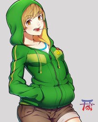 Rule 34 | 1girl, adapted costume, brown eyes, brown hair, candy, grey background, hands in pockets, highres, hood, hoodie, lollipop, mouth hold, persona, persona 4, satonaka chie, short hair, short shorts, shorts, solo, tomboy, yuuten, zipper