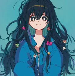 Rule 34 | 1girl, black hair, blue background, blue jacket, bow, bright pupils, closed mouth, hair bow, hair ornament, jacket, ka (marukogedago), long hair, looking at viewer, messy hair, original, simple background, smile, solo, star (symbol), star hair ornament, upper body, white pupils