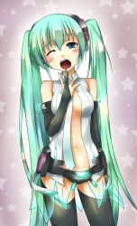 Rule 34 | 1girl, blue eyes, blush, breasts, colorized, fira yuki, green hair, hatsune miku, hatsune miku (append), highres, long hair, monochrome, navel, open mouth, solo, star (symbol), starry background, very long hair, vocaloid, vocaloid append, yawning