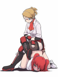 Rule 34 | 2girls, angry, blue eyes, blush, candy cane (rumble roses), clenched teeth, elbow gloves, fingerless gloves, frills, glasses, gloves, high heels, human chair, human furniture, humiliation, knee pads, miniskirt, miss spencer, multiple girls, pain, papa (shimeguru), plaid, red hair, rumble roses, ryona, shoes, sitting, sitting on person, skirt, sleeves rolled up, teeth, thighhighs, twintails, wrestling