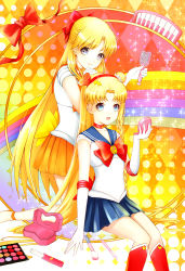 Rule 34 | 2girls, aino minako, alternate hairstyle, argyle, argyle background, argyle clothes, bed, bishoujo senshi sailor moon, bishoujo senshi sailor moon (first season), blonde hair, blue eyes, blue sailor collar, boots, bow, braid, choker, collarbone, compact (cosmetics), double bun, earrings, elbow gloves, gloves, hair bow, hair bun, hair ornament, hairdressing, half updo, jewelry, knee boots, kneeling, long hair, looking at viewer, magical girl, makeup, makeup brush, multiple girls, open mouth, orange skirt, rainbow background, red bow, red footwear, sailor collar, sailor moon, sailor senshi, sailor venus, sitting, skirt, sparkle, tiara, tsukino usagi, twintails, very long hair, wang jiabo, white gloves