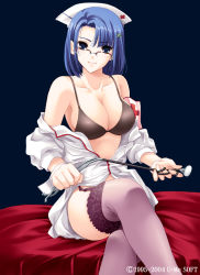 Rule 34 | 1girl, bed, belt, blue eyes, blue hair, bra, breasts, cleavage, crossed legs, dress, garter belt, glasses, hakui no gohoushi, hat, kinmedai pink, lace, lace-trimmed legwear, lace trim, large breasts, lingerie, mai ryouka, matching hair/eyes, nurse, nurse cap, off shoulder, open clothes, purple thighhighs, short hair, sitting, smile, solo, stethoscope, thighhighs, underwear, undressing