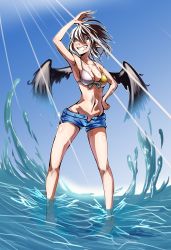 Rule 34 | 1girl, :d, ;d, arm up, armpits, bare arms, bare legs, bare shoulders, barefoot, bikini, bikini top only, black hair, black wings, blue sky, breasts, captain nagase, cleavage, cloud, collarbone, day, denim, denim shorts, gradient hair, grey hair, grin, groin, hand on own hip, highres, light rays, looking away, looking up, medium breasts, multicolored hair, nagase taii, no panties, ocean, one eye closed, open fly, open mouth, outdoors, pointy ears, red eyes, shameimaru aya, shiny skin, short hair, short shorts, shorts, sky, smile, solo, splashing, summer, sunbeam, sunlight, swimsuit, teeth, touhou, wading, water, wings