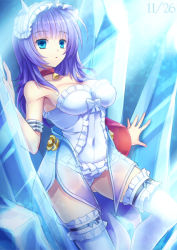 Rule 34 | 1girl, aqua eyes, armpits, bad id, bad pixiv id, bare shoulders, bell, blue eyes, breasts, character request, collar, copyright request, covered navel, crystal, dated, dress, female focus, headdress, hino (mooncalf+t), large breasts, long hair, neck bell, purple hair, solo, thighhighs, white dress, white thighhighs