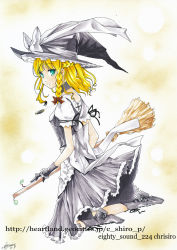 Rule 34 | 1girl, bow, braid, broom, dress, female focus, full body, gradient background, hair bow, hat, highres, kirisame marisa, kurishiro, solo, touhou, white background, witch, witch hat