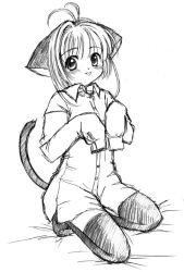 Rule 34 | 1990s (style), 1girl, :p, animal ears, cardcaptor sakura, cat ears, child, doushindou, full body, greyscale, kinomoto sakura, looking at viewer, monochrome, oversized clothes, retro artstyle, short hair, sketch, skirt, smile, solo, tail, thighhighs, tongue, tongue out