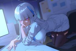Rule 34 | 1girl, all fours, blue archive, blue necktie, blunt bangs, breasts, commentary, english commentary, grin, halo, hanging breasts, headgear, headphones, highres, large breasts, linear 71, long hair, looking at viewer, mechanical halo, monitor, necktie, noa (blue archive), on chair, on table, pantyhose, purple eyes, skirt, sleeves rolled up, smile, table, torn clothes, torn pantyhose, white hair, white halo, white skirt