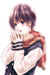 Rule 34 | 1girl, black eyes, black hair, breath, eyebrows hidden by hair, hare-kon., highres, jacket, jewelry, letterman jacket, maezono koharu, non (mangaka), open mouth, own hands together, plaid, plaid scarf, ring, scarf, short hair, smile, solo, upper body, wedding ring