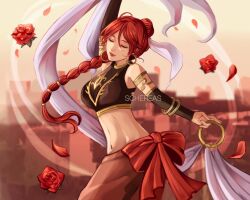 Rule 34 | 1girl, armlet, bangle, bare shoulders, bracelet, braid, braided ponytail, breasts, closed eyes, dancing, detached sleeves, fire emblem, fire emblem: the sacred stones, fire emblem heroes, highres, jewelry, lipstick, long hair, makeup, medium breasts, midriff, navel, nintendo, red hair, red lips, schereas, shawl, smile, solo, tethys (fire emblem)