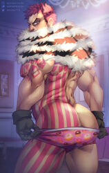 Rule 34 | 1boy, arm tattoo, artist name, ass, ass tattoo, bara, biceps, briefs, charlotte katakuri, gloves, highres, huge ass, light, looking back, male focus, male underwear, manly, mature male, muscular, muscular male, nipples, one piece, pectorals, pink eyes, pink hair, scar, short hair, signature, solo, soynutts, spiked hair, tattoo, thick arms, thick thighs, thighs, underwear