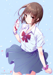 Rule 34 | 1girl, artist name, blue background, blush, bow, bowtie, bracelet, brown eyes, brown hair, cellphone, closed mouth, clothes lift, cowboy shot, hand up, holding, holding phone, jewelry, kazuharu kina, original, phone, red bow, red bowtie, school uniform, scrunchie, shirt, simple background, skirt, skirt lift, smartphone, solo, uniform, watermark, white shirt, wind, wind lift, wrist scrunchie