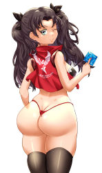 Rule 34 | 1girl, absurdres, ass, black hair, bra, breasts, butt crack, cjhomics, condom, fate/stay night, fate (series), from behind, green eyes, hair ribbon, highres, huge ass, long hair, looking at viewer, looking back, medium breasts, one eye closed, ribbon, shiny clothes, shiny skin, sideboob, smile, solo, thick thighs, thighhighs, thighs, thong, tohsaka rin, two side up, underwear, vest, wink