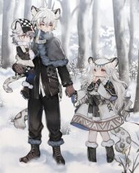 Rule 34 | 1boy, 2girls, aged down, animal ear fluff, animal ears, arknights, black capelet, black footwear, black jacket, black pants, blue pants, boots, braid, bright pupils, brother and sister, brown footwear, brown gloves, capelet, carrying, chawuciren, checkered clothes, checkered skirt, child carry, chinese commentary, cliffheart (arknights), closed mouth, commentary, cross-laced footwear, dress, forest, fur-trimmed footwear, fur trim, gloves, gradient hair, grey capelet, grey eyes, grey hair, hair between eyes, hand up, holding hands, jacket, leopard boy, leopard ears, leopard girl, leopard tail, long hair, long sleeves, looking at another, medium hair, multicolored hair, multiple girls, nature, outdoors, pants, pramanix (arknights), siblings, silverash (arknights), skirt, smile, snow, snowing, tail, tiara, twin braids, very long hair, visor cap, white dress, white hair, white headwear, white pupils, wide sleeves