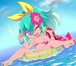 Rule 34 | 10s, 1girl, ;d, aqua hair, ass, barefoot, beachhime, blue sky, blush stickers, breasts, chibi, cleft of venus, clitoris, cloud, day, earrings, fat mons, feet, flower, hair between eyes, hair flower, hair ornament, hair ribbon, hibiscus, innertube, jewelry, long hair, looking at viewer, medium breasts, navel, nipples, nollety, nude, nudist, one eye closed, open mouth, outdoors, pink eyes, ponytail, pussy, ribbon, sky, smile, solo, sparkle, spread legs, star (symbol), star earrings, swim ring, transparent, v, water, youkai watch