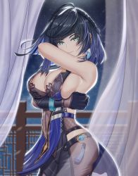 Rule 34 | 1girl, absurdres, bare shoulders, black gloves, black hair, blue hair, blunt bangs, breasts, cowboy shot, curtains, genshin impact, gloves, green eyes, has bad revision, has downscaled revision, highres, large breasts, looking at viewer, md5 mismatch, multicolored hair, night, night sky, railing, resolution mismatch, single glove, sky, sleeveless, solo, source smaller, standing, suzhi2333, yelan (genshin impact)
