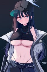 Rule 34 | 1girl, baseball cap, black hair, black hat, black pants, black shirt, blue archive, blue eyes, blue halo, blush, breasts, closed mouth, cowboy shot, earrings, gradient background, halo, hand in pocket, hat, highres, jacket, jewelry, large breasts, long hair, navel, open clothes, open jacket, pants, pixiv id, saori (blue archive), shirt, sleeveless, sleeveless shirt, solo, sseopik, twitter username, underboob, white jacket