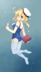 Rule 34 | 10s, 1girl, ass, blonde hair, blue eyes, book, glasses, gradient background, hat, i-8 (kancolle), kantai collection, kubyou azami, long hair, one-piece swimsuit, peaked cap, school swimsuit, solo, swimsuit, underwater