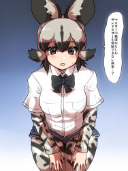Rule 34 | 10s, african wild dog (kemono friends), african wild dog print, animal ear fluff, animal ears, black bow, black bowtie, blouse, bow, bowtie, breast pocket, commentary request, denim, denim shorts, dog ears, dog tail, hair flaps, highres, isna (footprintsofisna), kemono friends, layered sleeves, long sleeves, multicolored hair, pantyhose, pantyhose under shorts, pocket, shirt, short over long sleeves, short shorts, short sleeves, shorts, solo, tail, translation request, undershirt, underwear, white shirt