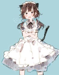 Rule 34 | 1girl, animal ears, black eyes, black neckwear, black ribbon, blue background, blue eyes, blue ribbon, blush, brown hair, cat ears, cat tail, crossed arms, dress, hatching (texture), long hair, maid, maid headdress, mooosikasite, multicolored eyes, open mouth, original, ribbon, simple background, sketch, solo, tail, teeth, twintails, upper teeth only