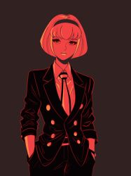 Rule 34 | 1girl, black eyes, black hairband, black jacket, blunt ends, bob cut, expressionless, formal, french commentary, hairband, highres, jacket, lips, megadeus mommy, necktie, pale skin, r dorothy wayneright, red hair, red light, shirt, short hair, solo, suit, the big o, watch, white shirt