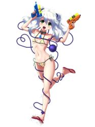 Rule 34 | 1girl, :d, absurdres, alternate hairstyle, bikini, blush, breasts, choker, dual wielding, eyeball, flip-flops, green eyes, heart, heart of string, highres, holding, kezune (i- -i), komeiji koishi, navel, open mouth, sandals, short hair, silver hair, small breasts, smile, solo, swimsuit, third eye, toes, touhou, twintails, water gun