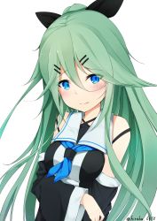 Rule 34 | 10s, 1girl, 3:, black serafuku, blue eyes, blue neckerchief, blush, breasts, closed mouth, detached sleeves, green hair, hair between eyes, hiraba 6018, kantai collection, long hair, looking at viewer, medium breasts, neckerchief, ponytail, school uniform, serafuku, simple background, sleeveless, solo, twitter username, upper body, white background, yamakaze (kancolle)