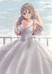 Rule 34 | 1girl, absurdres, alternate costume, breasts, bridal veil, brown eyes, dress, grey hair, hair between eyes, highres, jewelry, kantai collection, large breasts, long hair, looking at viewer, mizunototori, necklace, outdoors, pola (kancolle), railing, sky, smile, solo, standing, strapless, strapless dress, veil, wavy hair, wedding dress, white dress