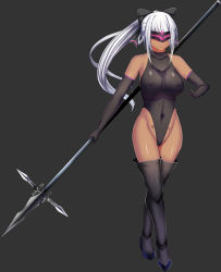 Rule 34 | 1girl, bare shoulders, black background, black leotard, bow, breasts, closed mouth, covered erect nipples, covered navel, daiaru, elbow gloves, feet, female focus, gloves, groin, hair bow, hand up, highres, holding lance, holding polearm, lance, large breasts, legs, leotard, original, pink-tinted eyewear, polearm, ponytail, pubic tattoo, senhime bad ending after, shoes, simple background, solo, standing, tattoo, thighhighs, thighs, tinted eyewear, visor, weapon, white hair