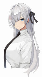 Rule 34 | 1girl, black bow, black necktie, blue eyes, bow, breasts, closed mouth, collared shirt, copyright request, cropped torso, ear piercing, from side, grey hair, hair bow, hair over one eye, highres, large breasts, long hair, looking at viewer, looking to the side, necktie, piercing, shirt, simple background, solo, upper body, very long hair, virtual youtuber, white background, white shirt, yuzu-aki