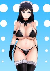 Rule 34 | 1girl, absurdres, asymmetrical bangs, bikini, black eyes, black gloves, black hair, black thighhighs, blue background, bow, bow bikini, breasts, cleavage, closed mouth, cowboy shot, curvy, detached collar, expressionless, frilled bikini, frilled thighhighs, frills, gloves, highleg, highleg bikini, highres, large breasts, long hair, looking at viewer, maid, maid bikini, maid headdress, medium hair, mole, mole under eye, navel, original, ribbon trim, side-tie bikini bottom, simple background, solo, stomach, string bikini, swimsuit, the only shoe, thighhighs, thighs, unconventional maid
