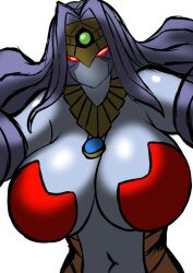 Rule 34 | 1girl, breasts, duel monster, female focus, huge breasts, lamia, looking at another, monster girl, red eyes, simple background, solo, vennominaga the deity of poisonous snakes, white background, yu-gi-oh!