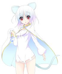 Rule 34 | 1girl, adapted costume, alternate color, alternate costume, animal ears, asn s, bad id, bad pixiv id, blue hair, blush, breasts, cape, diamond (gemstone), dress, eyes visible through hair, gradient hair, groin, hip focus, holding, holding cape, holding clothes, jewelry, long sleeves, mouse ears, mouse tail, multicolored hair, nazrin, open mouth, panties, pantyshot, pendant, purple hair, red eyes, simple background, small breasts, solo, striped clothes, striped panties, tail, thighs, touhou, underwear, white dress, white hair