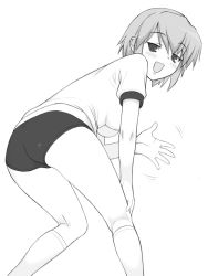 Rule 34 | 1girl, ass, bent over, buruma, greyscale, gym uniform, kotonomiya yuki, looking back, monochrome, shichimenchou, simple background, socks, solo, suigetsu