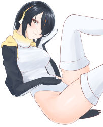 Rule 34 | 1girl, absurdres, bad id, bad pixiv id, black hair, breasts, brown eyes, drawstring, emperor penguin (kemono friends), feet out of frame, hair over one eye, hand on own face, hand on own stomach, head tilt, headphones, highleg, highleg leotard, highres, hood, hood down, hooded jacket, jacket, kemono friends, kona ming, large breasts, leaning back, leotard, looking at viewer, open clothes, open jacket, penguin tail, short hair, simple background, sitting, smile, solo, tail, thighhighs, white background, white leotard, white thighhighs