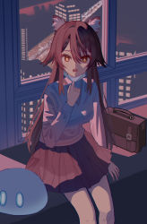 Rule 34 | 1girl, :o, absurdres, animal ears, bag, blush, brown hair, cat ears, city, cityscape, genshin impact, highres, hu tao (genshin impact), long hair, long sleeves, looking at viewer, mask, mask pull, mouth mask, open mouth, pleated skirt, red eyes, school uniform, sitting, skirt, slime (genshin impact), symbol-shaped pupils, syouko jiaozijun, thighs, window