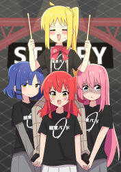 Rule 34 | 4girls, :d, absurdres, ahoge, ao (flowerclasse), black shirt, black socks, blonde hair, blue eyes, blue hair, blurry, blurry background, blush, bocchi the rock!, bow, brown pants, closed eyes, clothes writing, commentary request, depth of field, drumsticks, facing viewer, gotoh hitori, grey skirt, highres, holding, ijichi nijika, kita ikuyo, mole, mole under eye, multiple girls, open mouth, pants, pink hair, pleated skirt, red bow, red hair, shaded face, shirt, short sleeves, side ponytail, skirt, smile, socks, suspenders, sweat, translation request, v-shaped eyebrows, white skirt, yamada ryo, yellow eyes