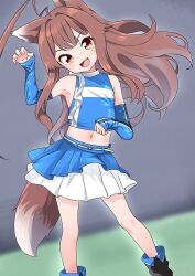 Rule 34 | 1girl, ahoge, animal ears, blush, boots, brown hair, claw pose, crop top, detached sleeves, hokkaido nippon-ham fighters, huge ahoge, kantai collection, kuma (kancolle), long hair, looking at viewer, midriff, nassukun, navel, nippon professional baseball, official alternate costume, open mouth, orange eyes, skirt, sleeveless, solo, tail