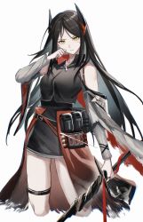 Rule 34 | 1girl, absurdres, arknights, bare shoulders, belt, belt buckle, black dress, black hair, breasts, buckle, closed mouth, crop top, cropped legs, dress, hand up, highres, holding, holding sword, holding weapon, horns, ines (arknights), large breasts, long hair, long sleeves, looking at viewer, parted bangs, pouch, simple background, solo, standing, sword, thigh strap, v-shaped eyebrows, very long hair, waist cape, weapon, white background, yellow eyes, zuo daoxing