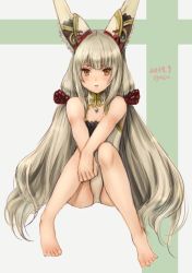 Rule 34 | 1girl, animal ear fluff, animal ears, bare shoulders, barefoot, breasts, cleavage, female focus, full body, grey background, grey hair, leotard, long hair, looking at viewer, low twintails, nia (blade) (xenoblade), nia (xenoblade), nintendo, parted lips, small breasts, solo, spoilers, thighhighs, thighs, tsurime, twintails, v-shaped eyebrows, very long hair, white background, xenoblade chronicles (series), xenoblade chronicles 2, yamamori kinako, yellow eyes