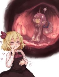 Rule 34 | 2girls, puff of air, ascot, blonde hair, dress, closed eyes, feathers, giant, giantess, hair ribbon, heart, inside creature, multiple girls, mystia lorelei, pink hair, ribbon, rumia, scribble, short hair, simple background, smile, stomach, touhou, utopia, vore, white background, wings