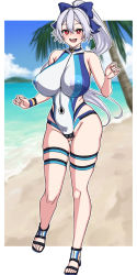 Rule 34 | 1girl, bad id, bad twitter id, bare shoulders, beach, blue bow, blue one-piece swimsuit, blue sky, bow, breasts, cleft of venus, covered erect nipples, fate/grand order, fate (series), full body, hair between eyes, hair bow, highleg, highleg swimsuit, large breasts, long hair, looking at viewer, muta poo, ocean, one-piece swimsuit, open mouth, palm tree, ponytail, red eyes, sandals, shore, sky, smile, solo, swimsuit, thigh strap, tomoe gozen (fate), tomoe gozen (swimsuit saber) (fate), tomoe gozen (swimsuit saber) (first ascension) (fate), tree, turtleneck, turtleneck one-piece swimsuit, two-tone swimsuit, white hair, white one-piece swimsuit