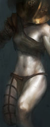 Rule 34 | 1girl, dark, female focus, gladiator, grey background, navel, solo, standing, tagme