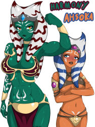 Rule 34 | 2girls, abs, absurdres, ahsoka tano, alien, amazon warrior, bikini, blue eyes, blush, bracelet, breasts, colored skin, cosplay, cpt.tester works, crossed arms, flexing, green skin, harmony (cpt.tester), headpiece, highres, jewelry, large breasts, lips, lipstick, looking at another, looking at viewer, makeup, midriff, multiple girls, muscular, muscular female, orange skin, princess leia organa solo, princess leia organa solo (cosplay), scar, scar on face, scared, slit pupils, small breasts, star wars, star wars: the clone wars, swimsuit, tattoo, arm tattoo, tattoo on belly, togruta, white background, yellow eyes