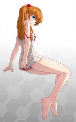 Rule 34 | &gt;:o, 00s, 1girl, 40hara, :o, angry, ass, bare shoulders, barefoot, blush, body blush, bow, breasts, chemise, chromatic aberration, clothes tug, covering ass, covering privates, dress, dress tug, embarrassed, evangelion: 2.0 you can (not) advance, feet, from side, full body, gradient background, grey background, hair ornament, hair over shoulder, head tilt, highres, honeycomb (pattern), honeycomb background, honeycomb pattern, invisible chair, lace, lace-trimmed panties, lace trim, legs, legs together, lingerie, long hair, looking back, neon genesis evangelion, open mouth, orange hair, panties, pantyshot, rebuild of evangelion, red bow, red hair, red panties, sitting, small breasts, soles, solo, souryuu asuka langley, strap slip, striped clothes, striped panties, underwear, underwear only, v-shaped eyebrows, white chemise, white dress, white panties