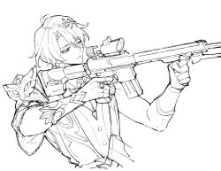 Rule 34 | 1boy, assault rifle, closed mouth, dr. ratio (honkai: star rail), greyscale, gun, hair between eyes, highres, holding, holding weapon, honkai: star rail, honkai (series), male focus, monochrome, one eye closed, rifle, shirt, short hair, simple background, solo, thotep, upper body, weapon